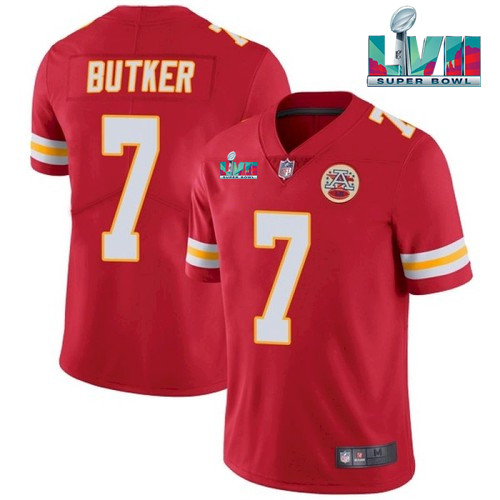 Men’s Kansas City Chiefs #7 Harrison Butker Red Super Bowl LVII Patch Vapor Untouchable Limited Stitched Jersey
